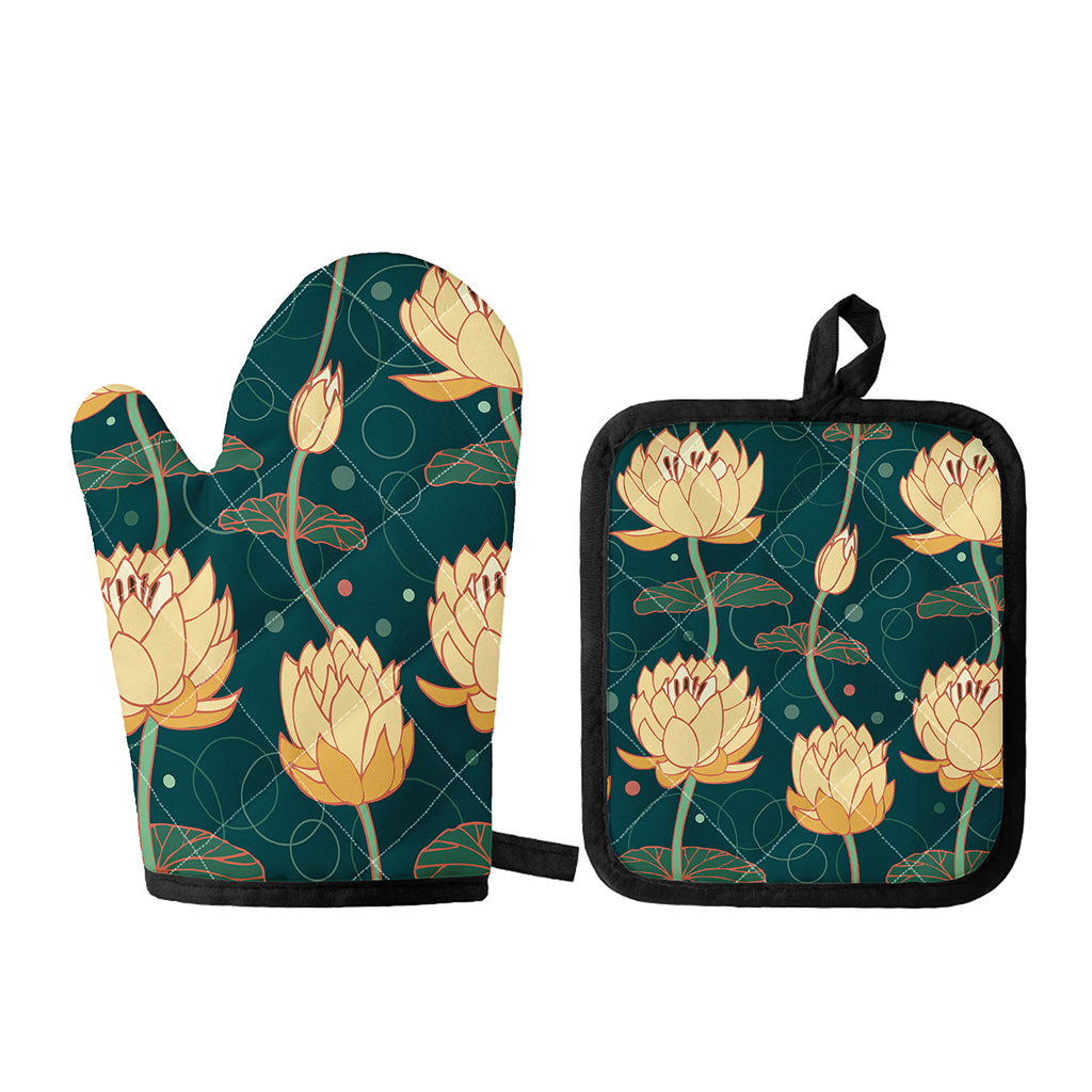 Vintage Lotus Pattern Print Oven Mitt And Pot Holder Set