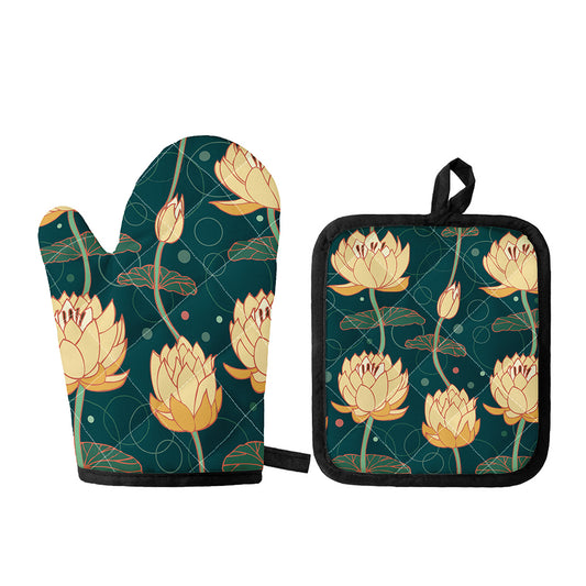 Vintage Lotus Pattern Print Oven Mitt And Pot Holder Set