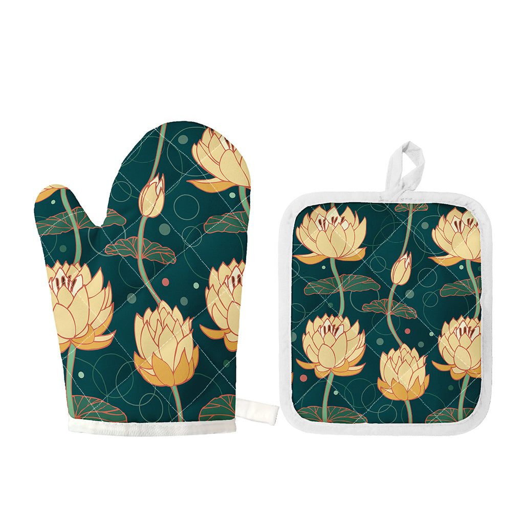 Vintage Lotus Pattern Print Oven Mitt And Pot Holder Set