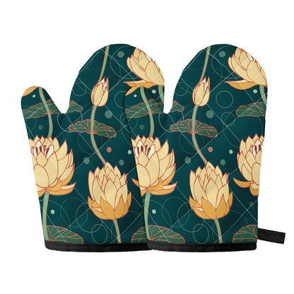 Vintage Lotus Pattern Print Oven Mitts