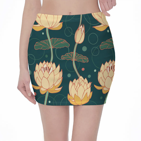 Vintage Lotus Pattern Print Pencil Mini Skirt