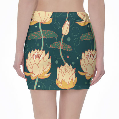 Vintage Lotus Pattern Print Pencil Mini Skirt
