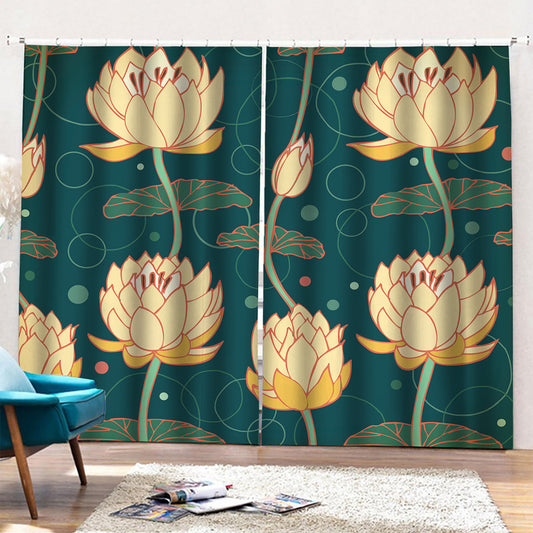 Vintage Lotus Pattern Print Pencil Pleat Curtains