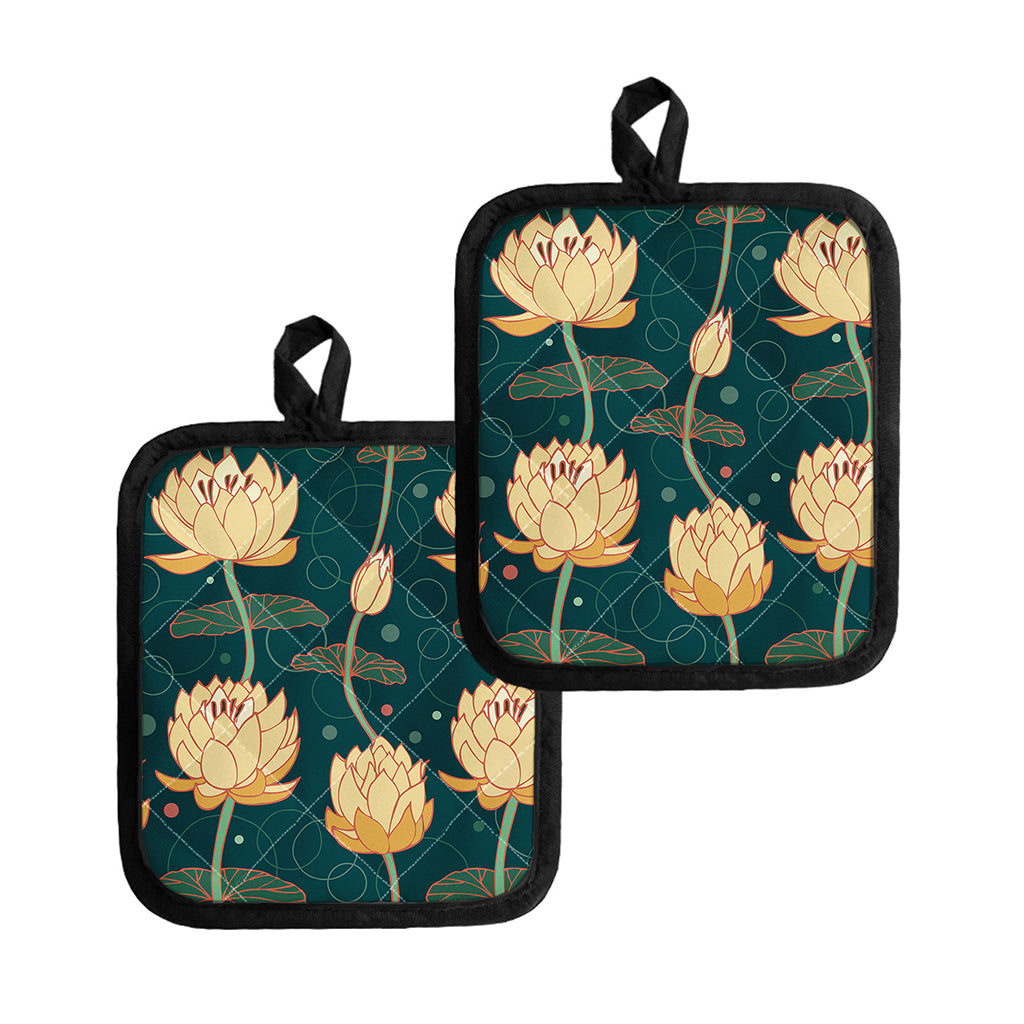 Vintage Lotus Pattern Print Pot Holders