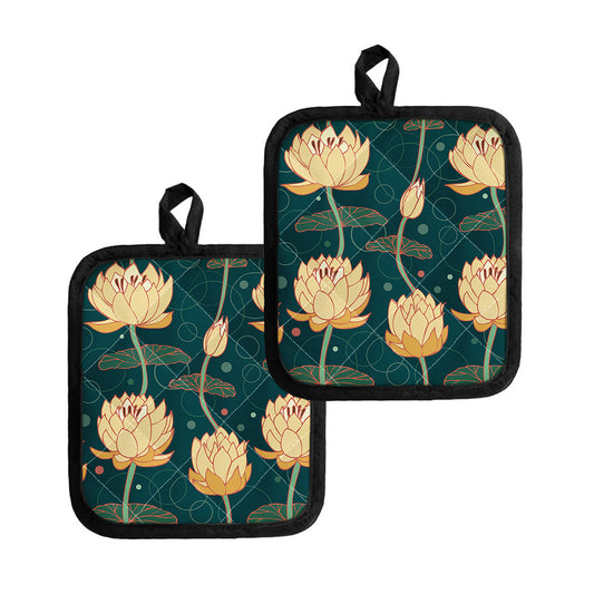 Vintage Lotus Pattern Print Pot Holders
