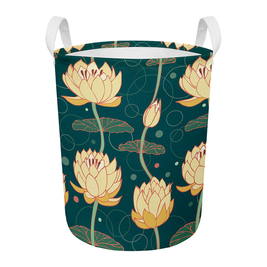 Vintage Lotus Pattern Print Round Laundry Basket
