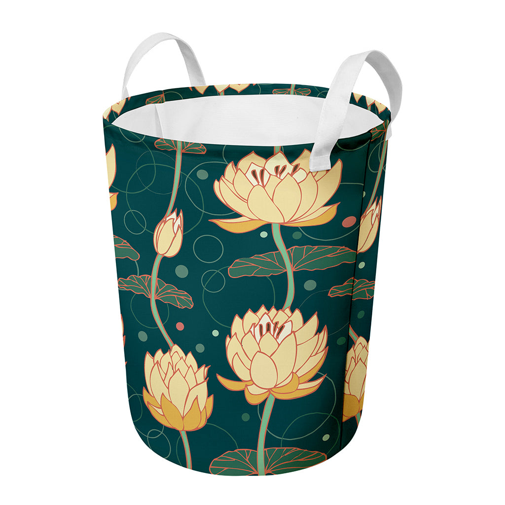 Vintage Lotus Pattern Print Round Laundry Basket