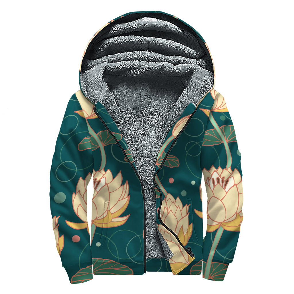 Vintage Lotus Pattern Print Sherpa Lined Zip Up Hoodie