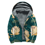 Vintage Lotus Pattern Print Sherpa Lined Zip Up Hoodie