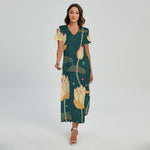 Vintage Lotus Pattern Print Short Sleeve Maxi Dress