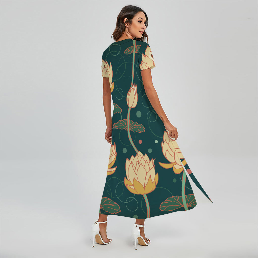 Vintage Lotus Pattern Print Short Sleeve Maxi Dress