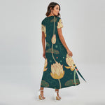 Vintage Lotus Pattern Print Short Sleeve Maxi Dress