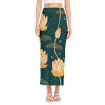 Vintage Lotus Pattern Print Side Slit Maxi Skirt