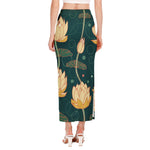 Vintage Lotus Pattern Print Side Slit Maxi Skirt