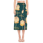 Vintage Lotus Pattern Print Side Slit Midi Skirt