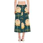 Vintage Lotus Pattern Print Side Slit Midi Skirt