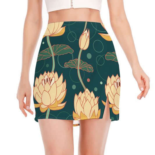 Vintage Lotus Pattern Print Side Slit Mini Skirt