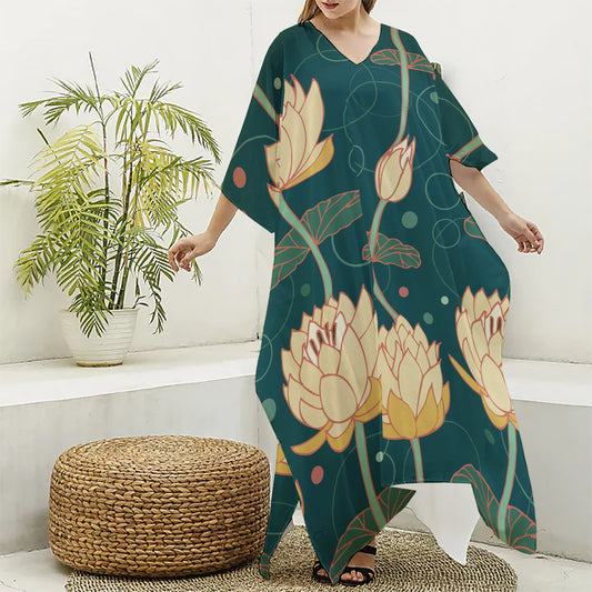 Vintage Lotus Pattern Print Silk V-Neck Kaftan Dress
