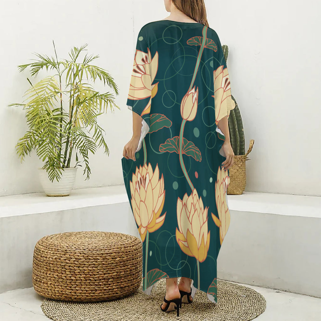 Vintage Lotus Pattern Print Silk V-Neck Kaftan Dress