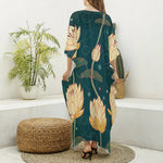Vintage Lotus Pattern Print Silk V-Neck Kaftan Dress