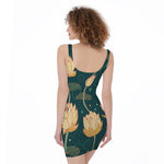 Vintage Lotus Pattern Print Sleeveless Bodycon Dress