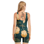 Vintage Lotus Pattern Print Sleeveless One Piece Swimsuit