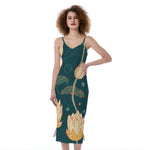 Vintage Lotus Pattern Print Slim Fit Midi Cami Dress