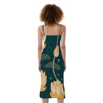 Vintage Lotus Pattern Print Slim Fit Midi Cami Dress