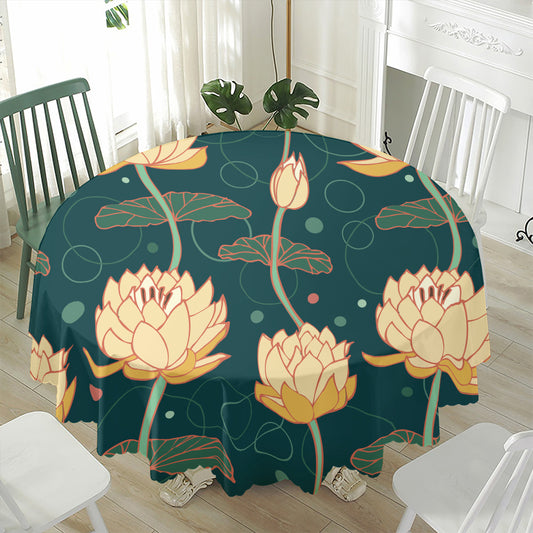 Vintage Lotus Pattern Print Waterproof Round Tablecloth