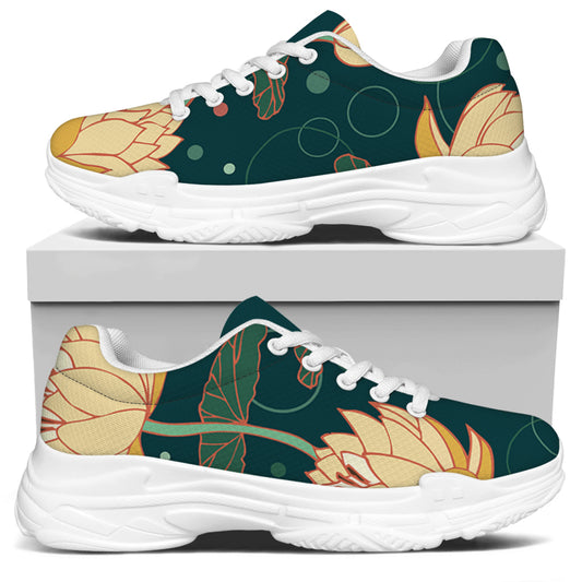 Vintage Lotus Pattern Print White Chunky Shoes