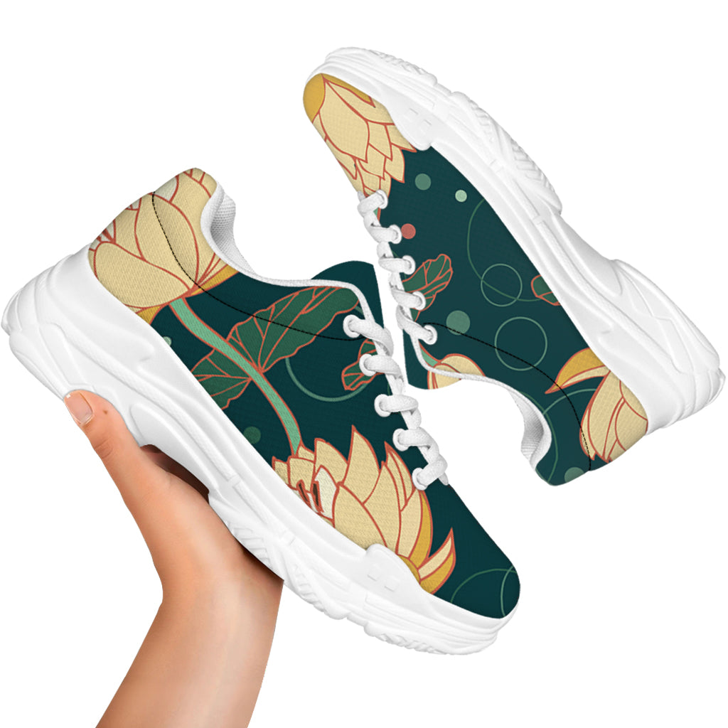 Vintage Lotus Pattern Print White Chunky Shoes