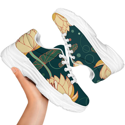 Vintage Lotus Pattern Print White Chunky Shoes