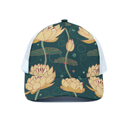 Vintage Lotus Pattern Print White Mesh Trucker Cap