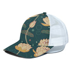 Vintage Lotus Pattern Print White Mesh Trucker Cap