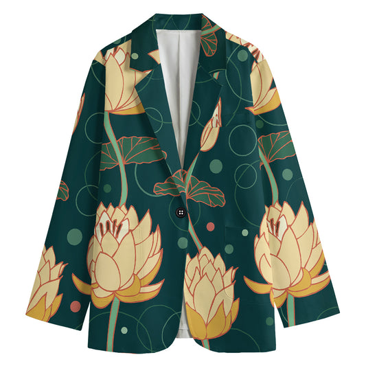 Vintage Lotus Pattern Print Women's Cotton Blazer