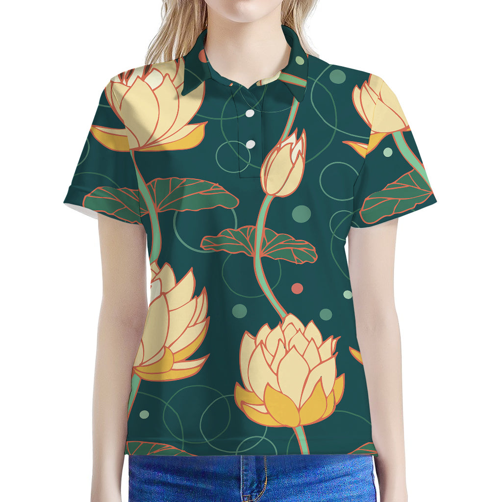 Vintage Lotus Pattern Print Women's Polo Shirt