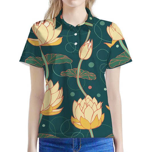 Vintage Lotus Pattern Print Women's Polo Shirt