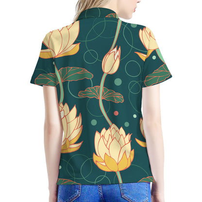 Vintage Lotus Pattern Print Women's Polo Shirt