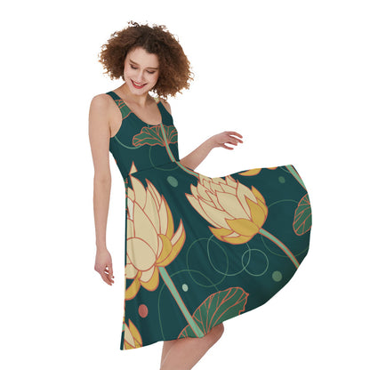 Vintage Lotus Pattern Print Women's Sleeveless Dress