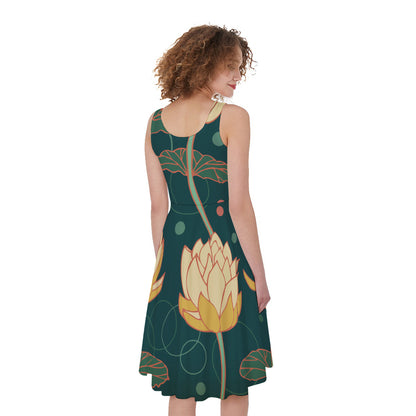Vintage Lotus Pattern Print Women's Sleeveless Dress
