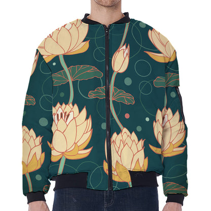 Vintage Lotus Pattern Print Zip Sleeve Bomber Jacket
