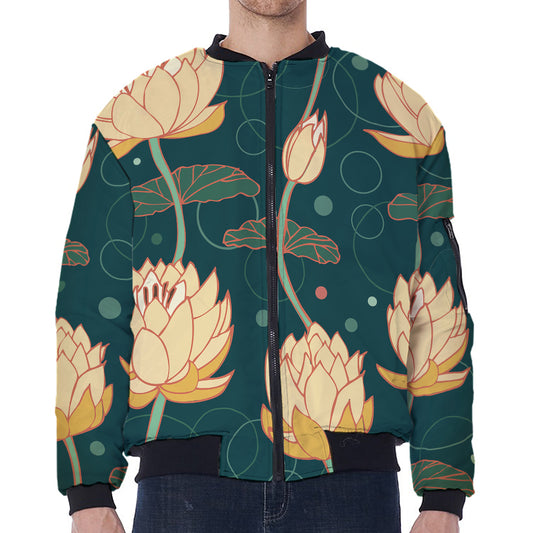 Vintage Lotus Pattern Print Zip Sleeve Bomber Jacket