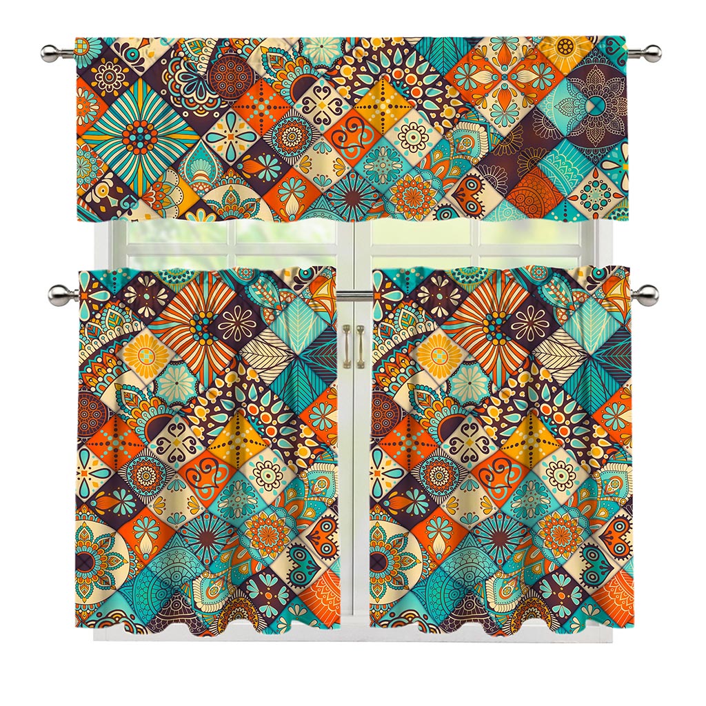 Vintage Mandala Bohemian Pattern Print 3 Piece Kitchen Curtains