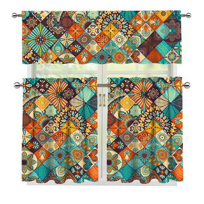 Vintage Mandala Bohemian Pattern Print 3 Piece Kitchen Curtains