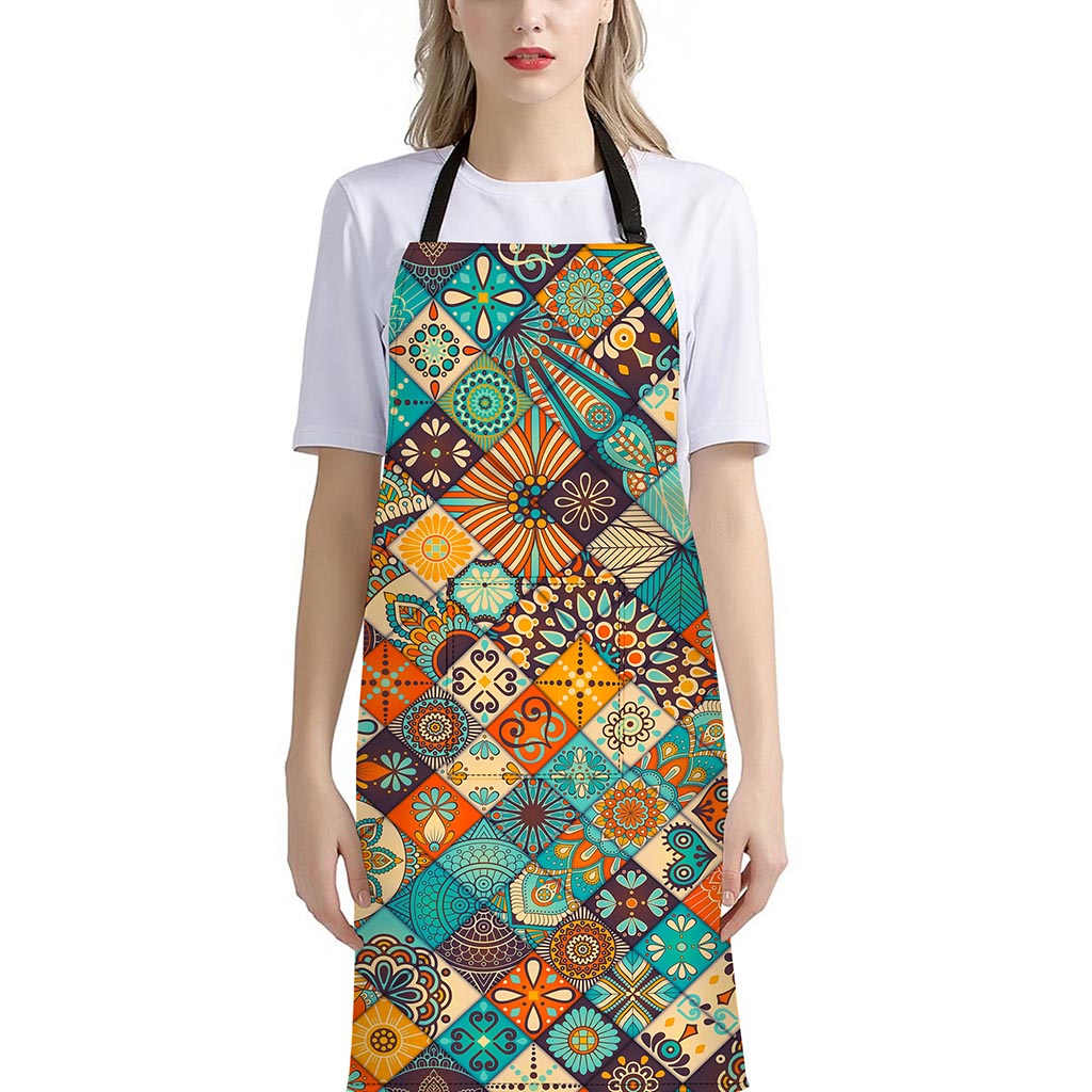 Vintage Mandala Bohemian Pattern Print Bib Apron With Pocket