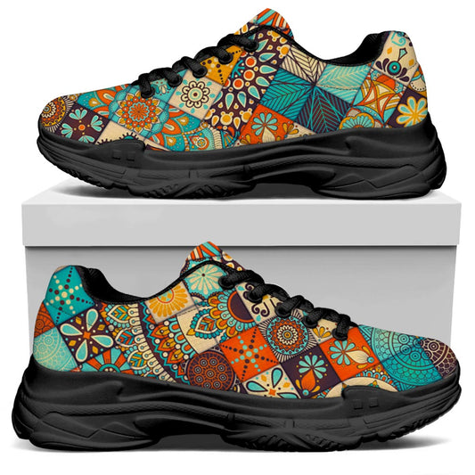 Vintage Mandala Bohemian Pattern Print Black Chunky Shoes