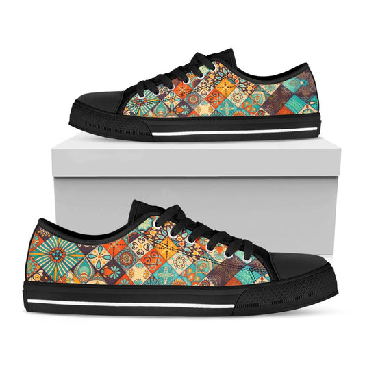 Vintage Mandala Bohemian Pattern Print Black Low Top Sneakers