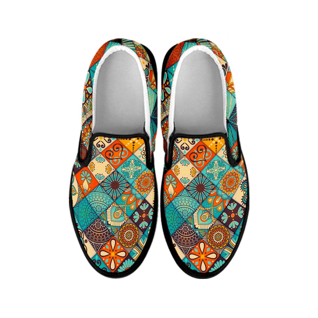 Vintage Mandala Bohemian Pattern Print Black Slip On Sneakers