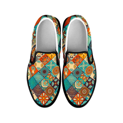 Vintage Mandala Bohemian Pattern Print Black Slip On Sneakers