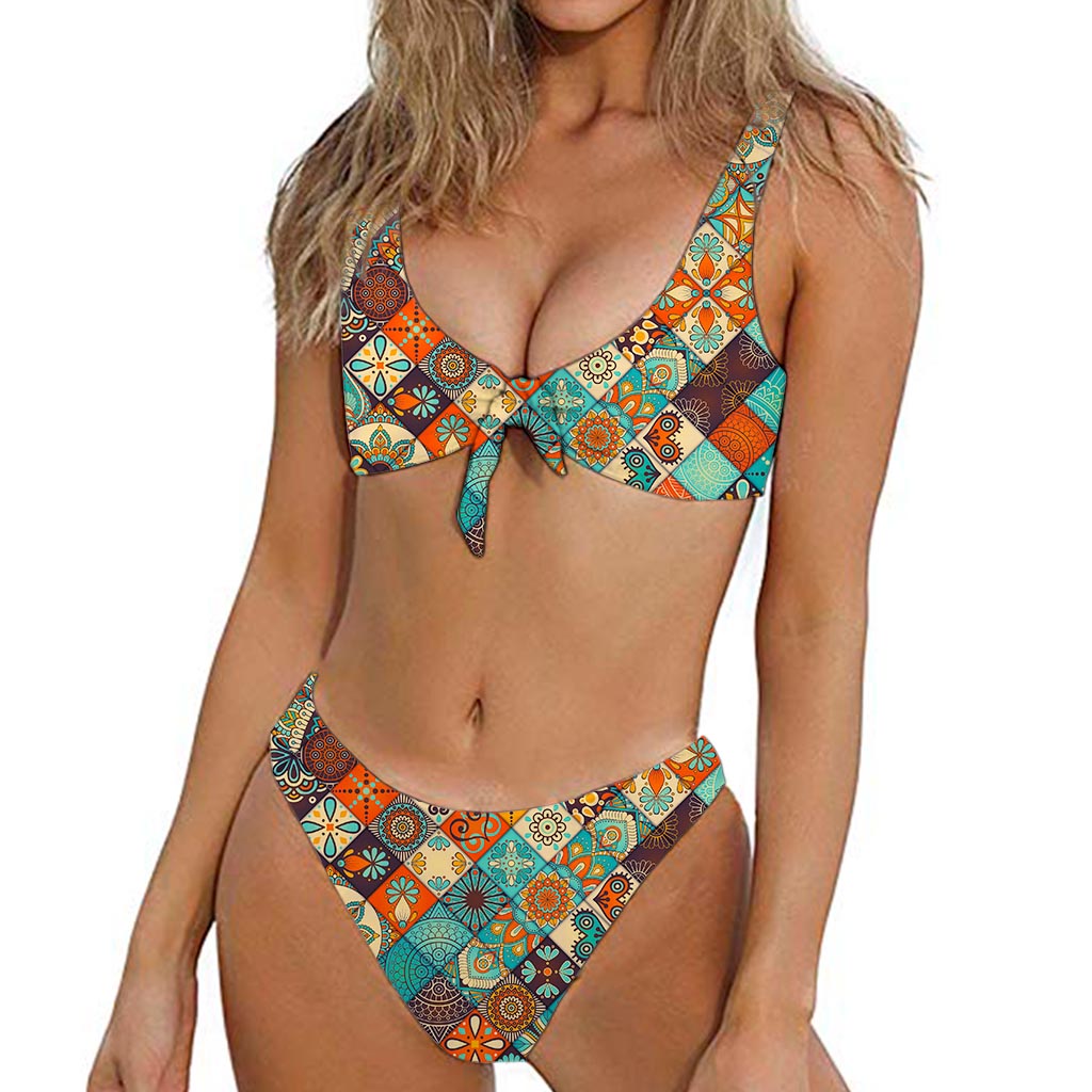 Vintage Mandala Bohemian Pattern Print Front Bow Tie Bikini